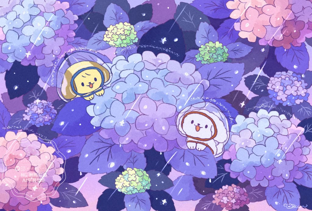 紫陽花とこいぬたち