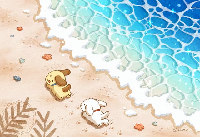 浜辺とこいぬたち